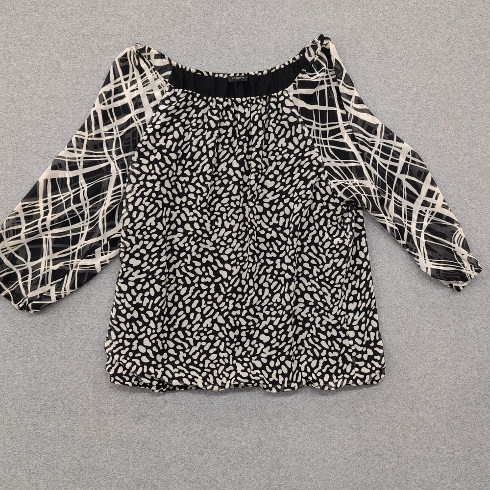 ANN TAYLOR Black White Abstract Print Boho Blouse Top Women's Sz Medium - Picture 1 of 4